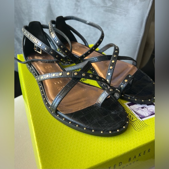 Ted Baker black leather gold studded gladiator sandal. - Picture 2 of 5